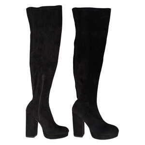 Forever 21 Womens Size 6 Black Over The Knee Block Heel Platform Boots Stretch